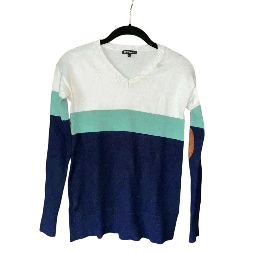 Pink Clover Color Block V-Neck Sweater with Elbow Patches - Size S‎